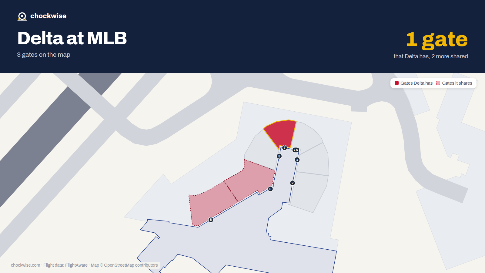 Map of MLB with the gates Delta Air Lines uses highlighted: 7.
