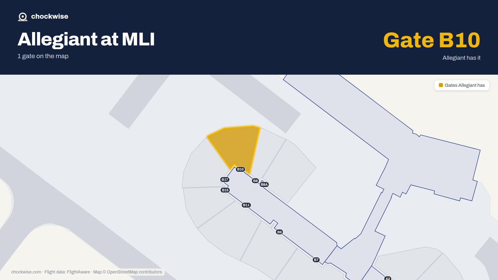 Map of MLI with the gates Allegiant Air uses highlighted: B10.