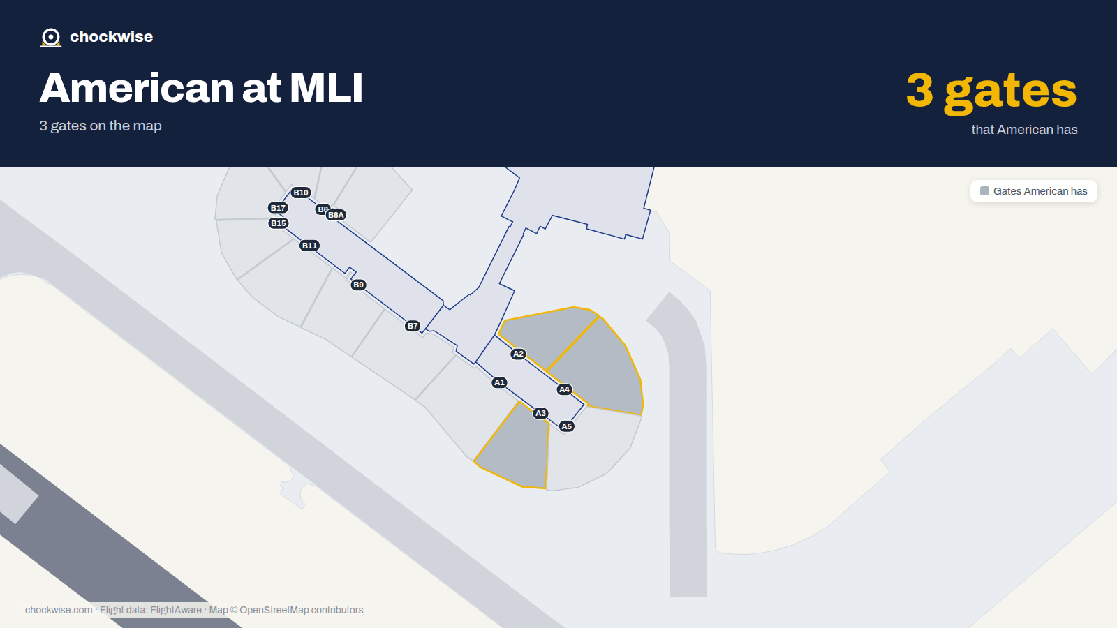 Map of MLI with the gates American Airlines uses highlighted: A2, A3 and A4.