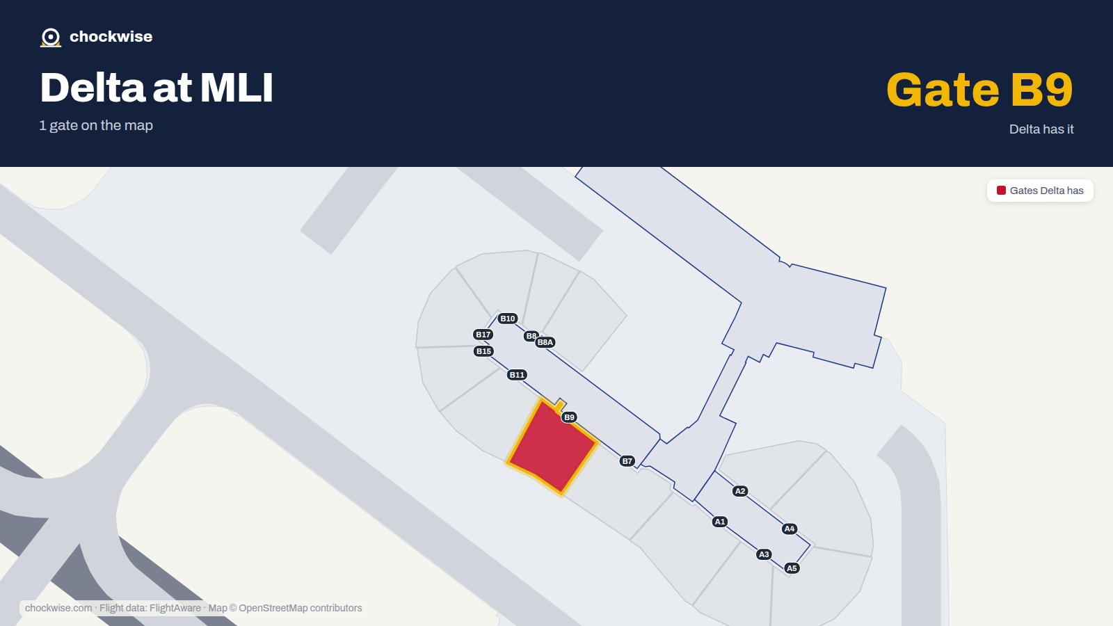 Map of MLI with the gates Delta Air Lines uses highlighted: B9.
