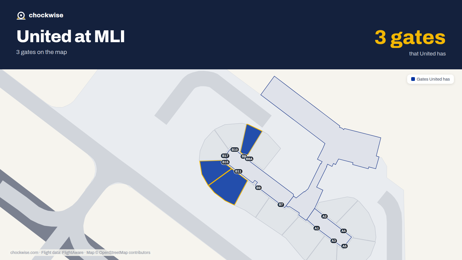 Map of MLI with the gates United Airlines uses highlighted: B8, B11 and B15.
