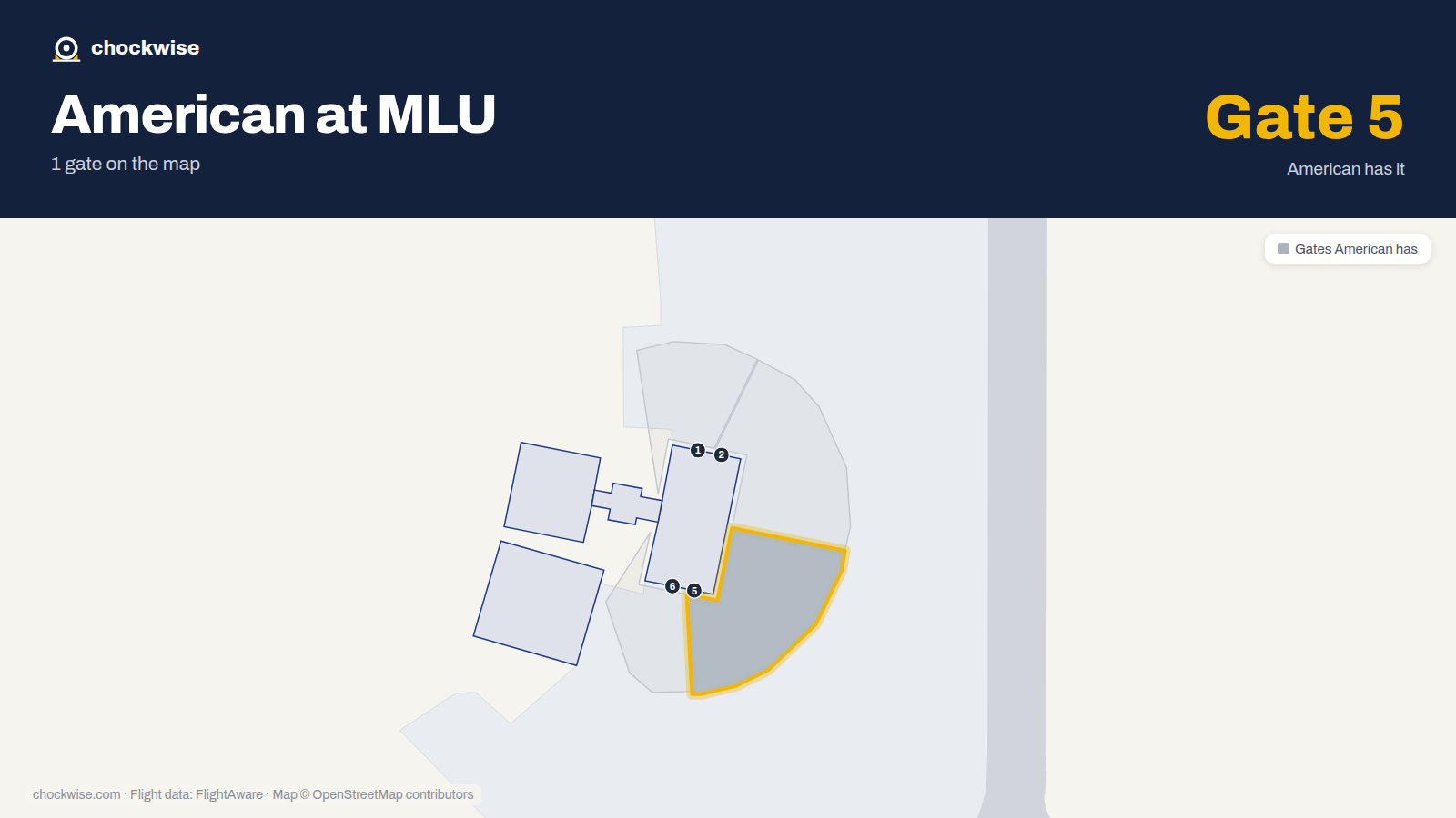 Map of MLU with the gates American Airlines uses highlighted: 5.