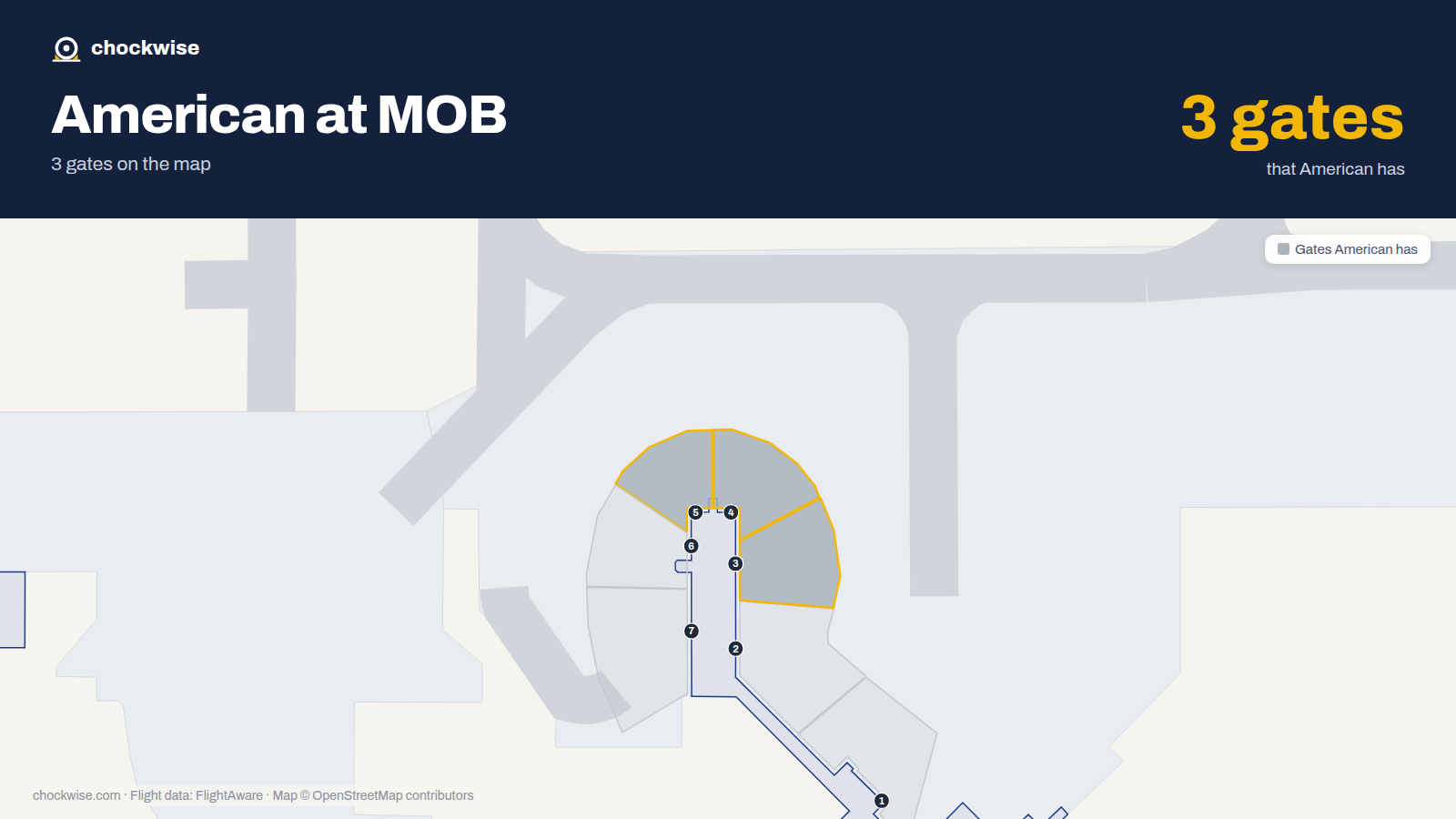 Map of MOB with the gates American Airlines uses highlighted: 3, 4 and 5.