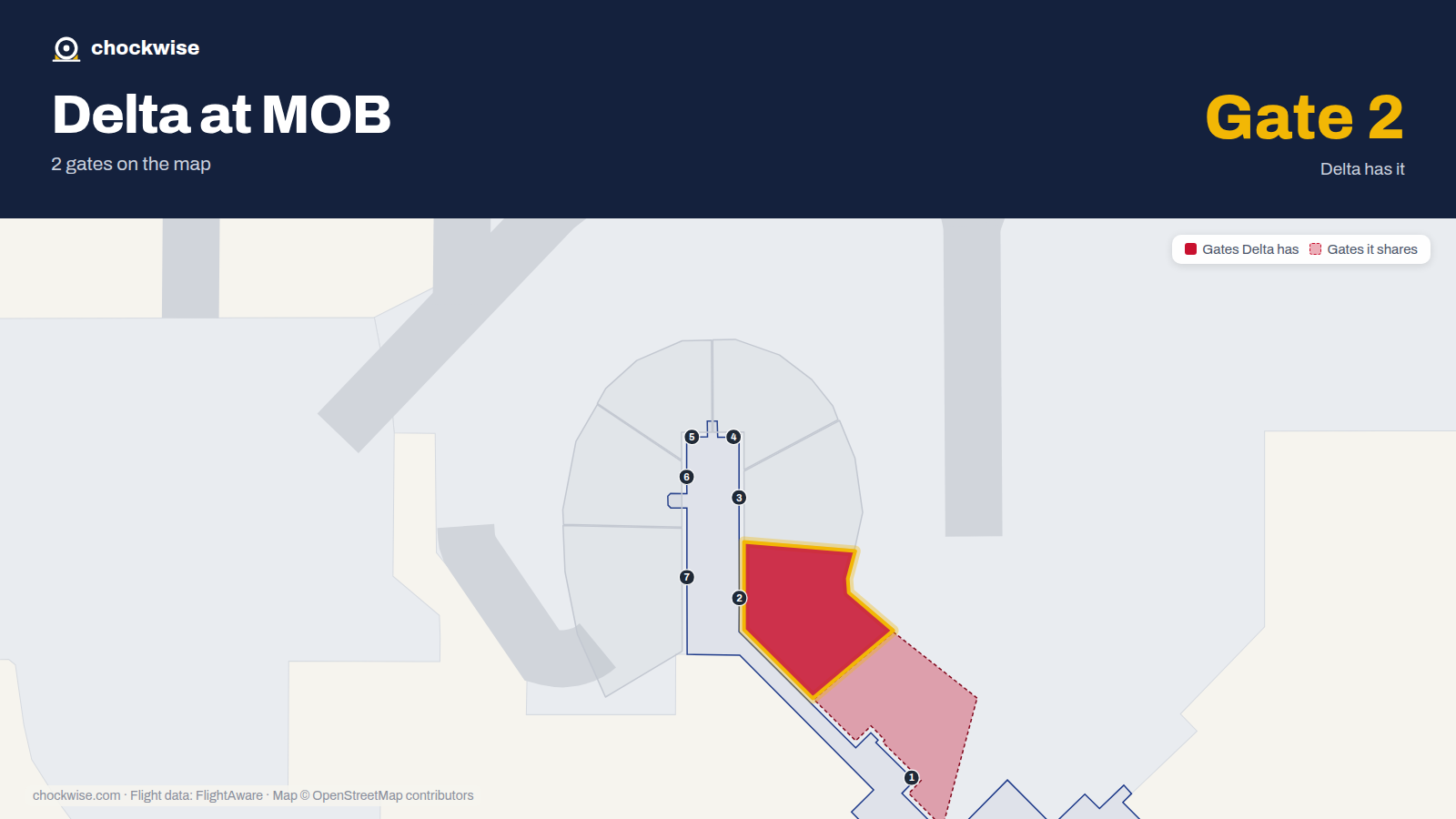 Map of MOB with the gates Delta Air Lines uses highlighted: 2.