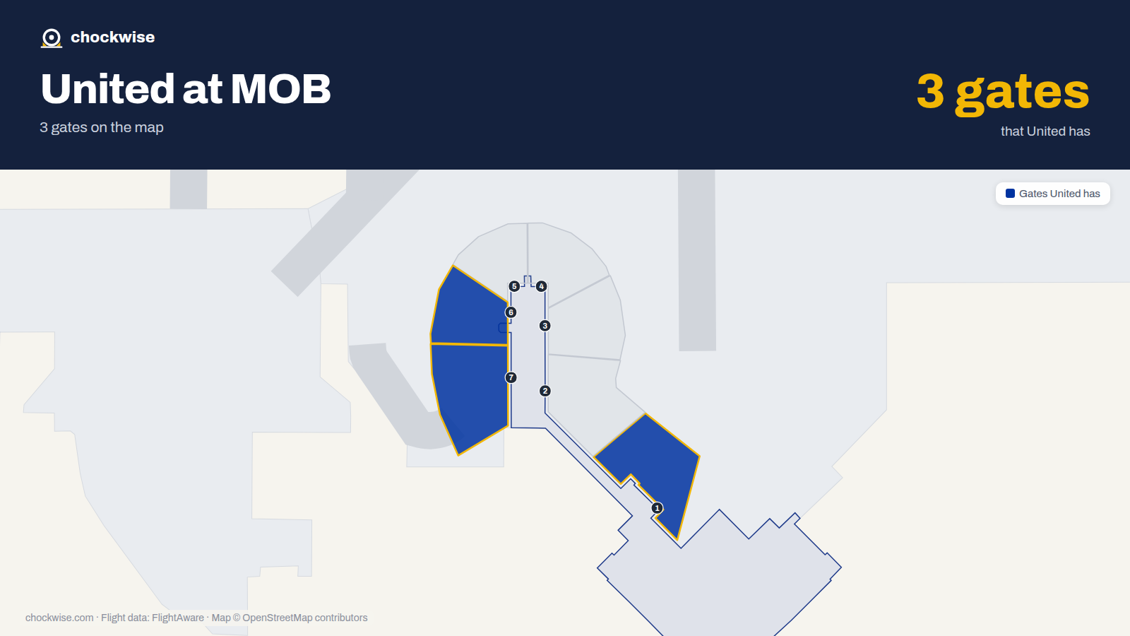 Map of MOB with the gates United Airlines uses highlighted: 1, 6 and 7.