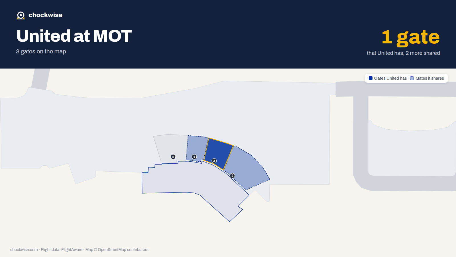 Map of MOT with the gates United Airlines uses highlighted: 3.