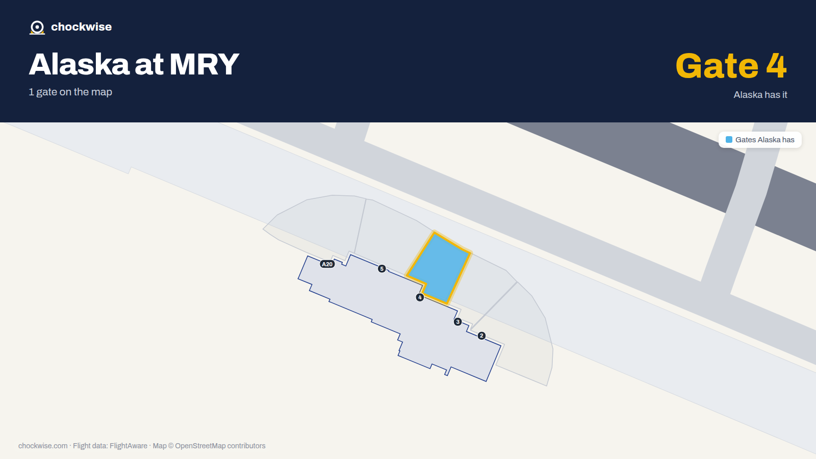 Map of MRY with the gates Alaska Airlines uses highlighted: 4.