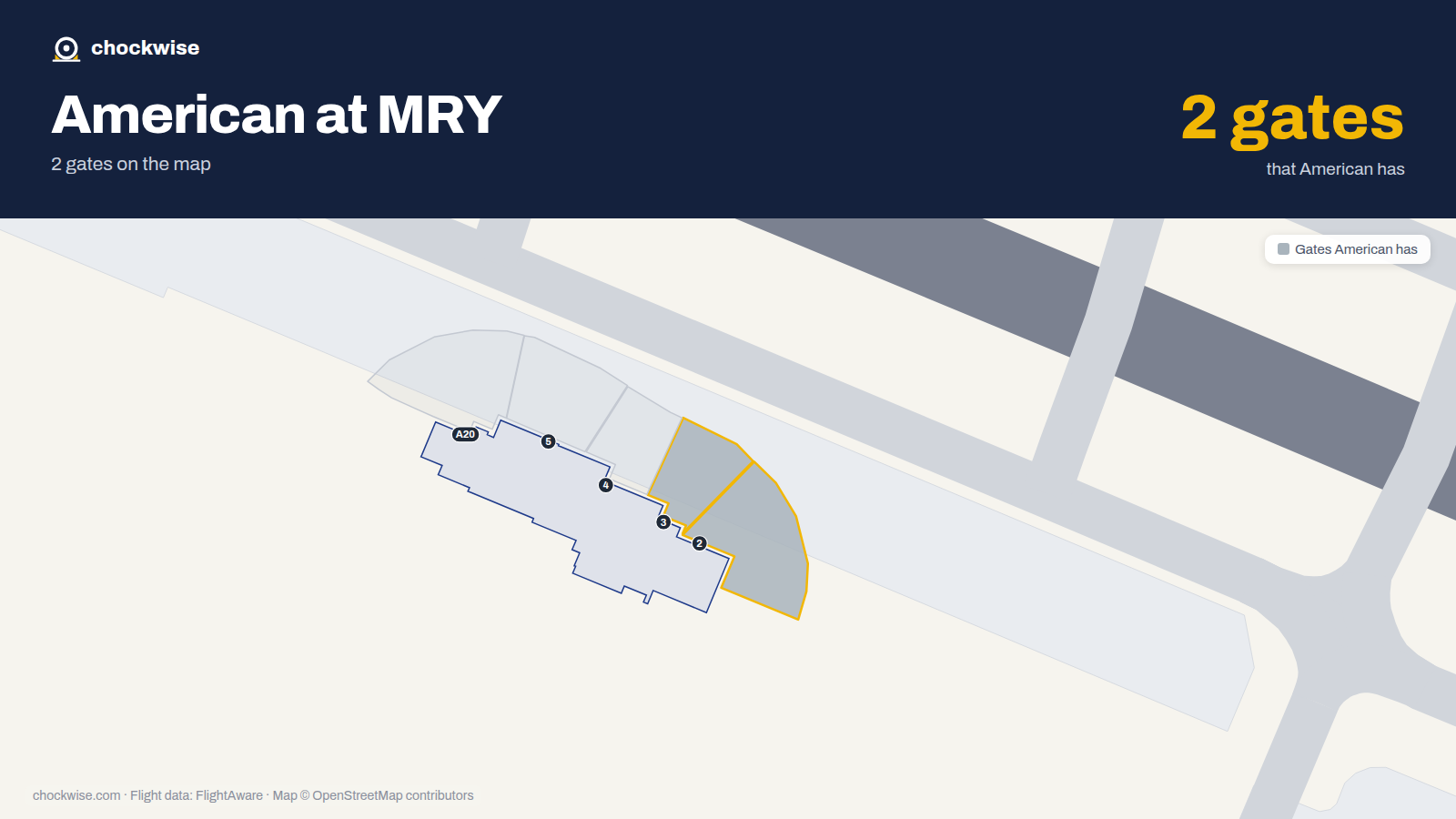 Map of MRY with the gates American Airlines uses highlighted: 2 and 3.