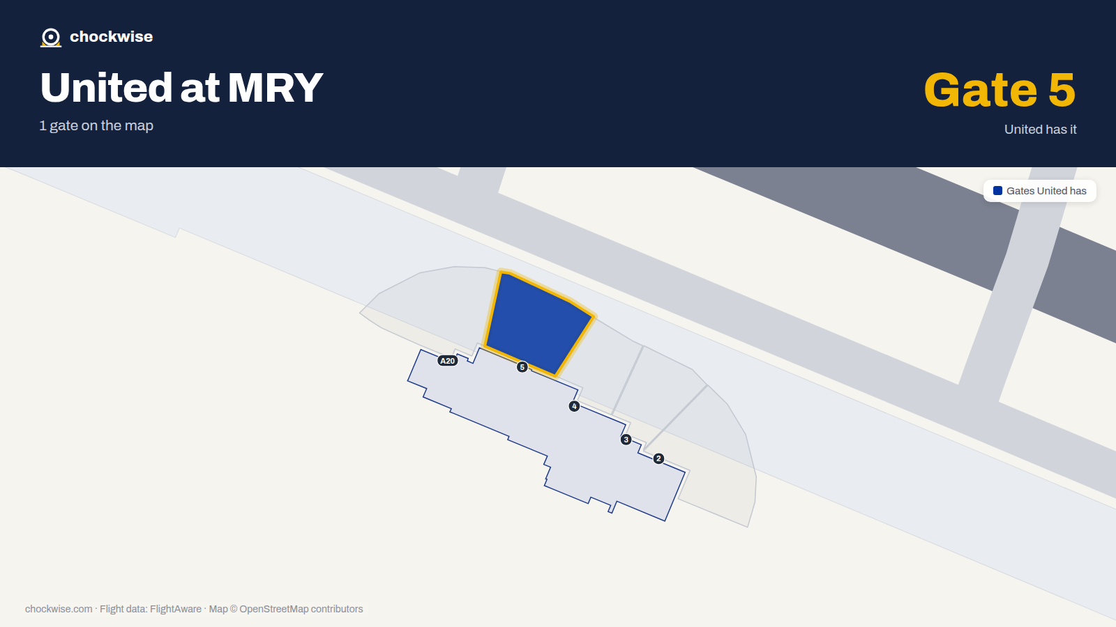 Map of MRY with the gates United Airlines uses highlighted: 5.