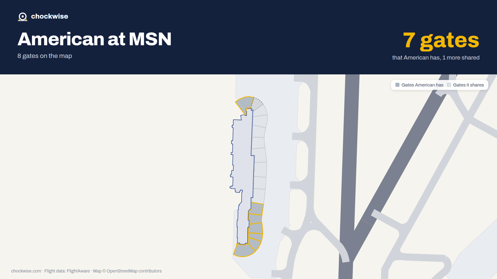 Map of MSN with the gates American Airlines uses highlighted: 1, 11, 12, 13, 14, 15 and 16.