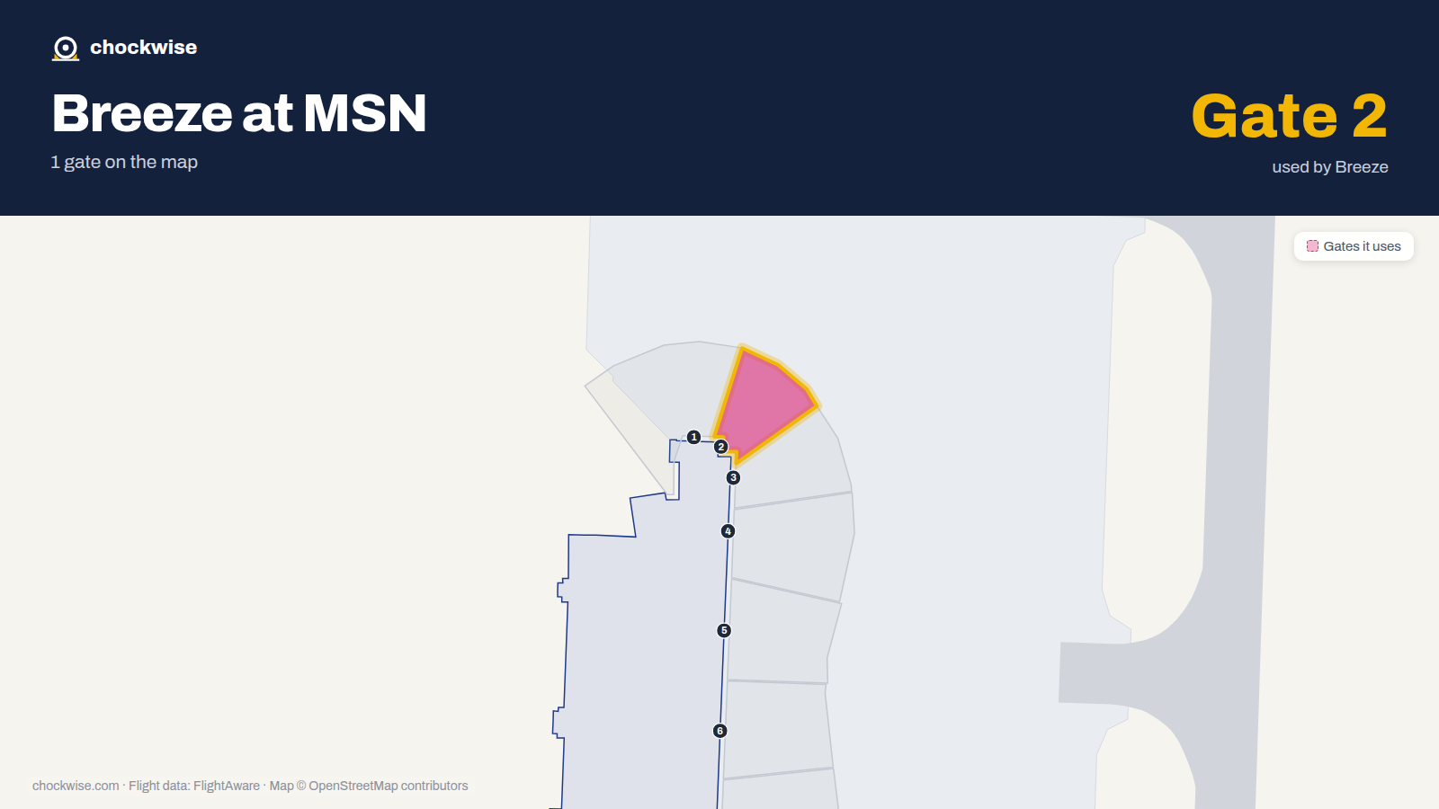 Map of MSN with the gates Breeze Airways uses highlighted: 2.