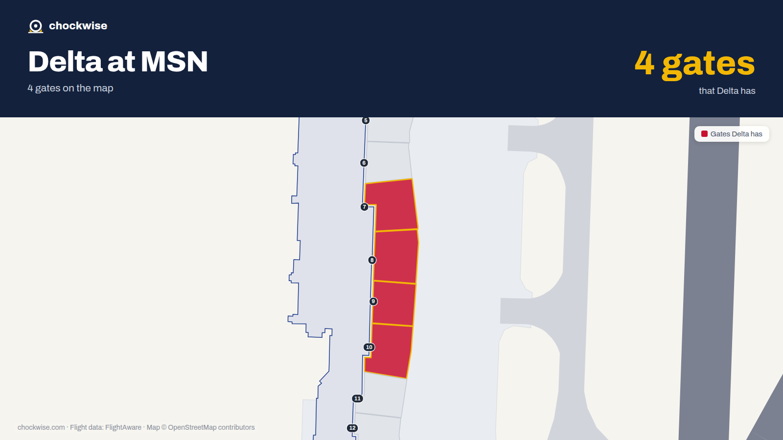 Map of MSN with the gates Delta Air Lines uses highlighted: 7, 8, 9 and 10.