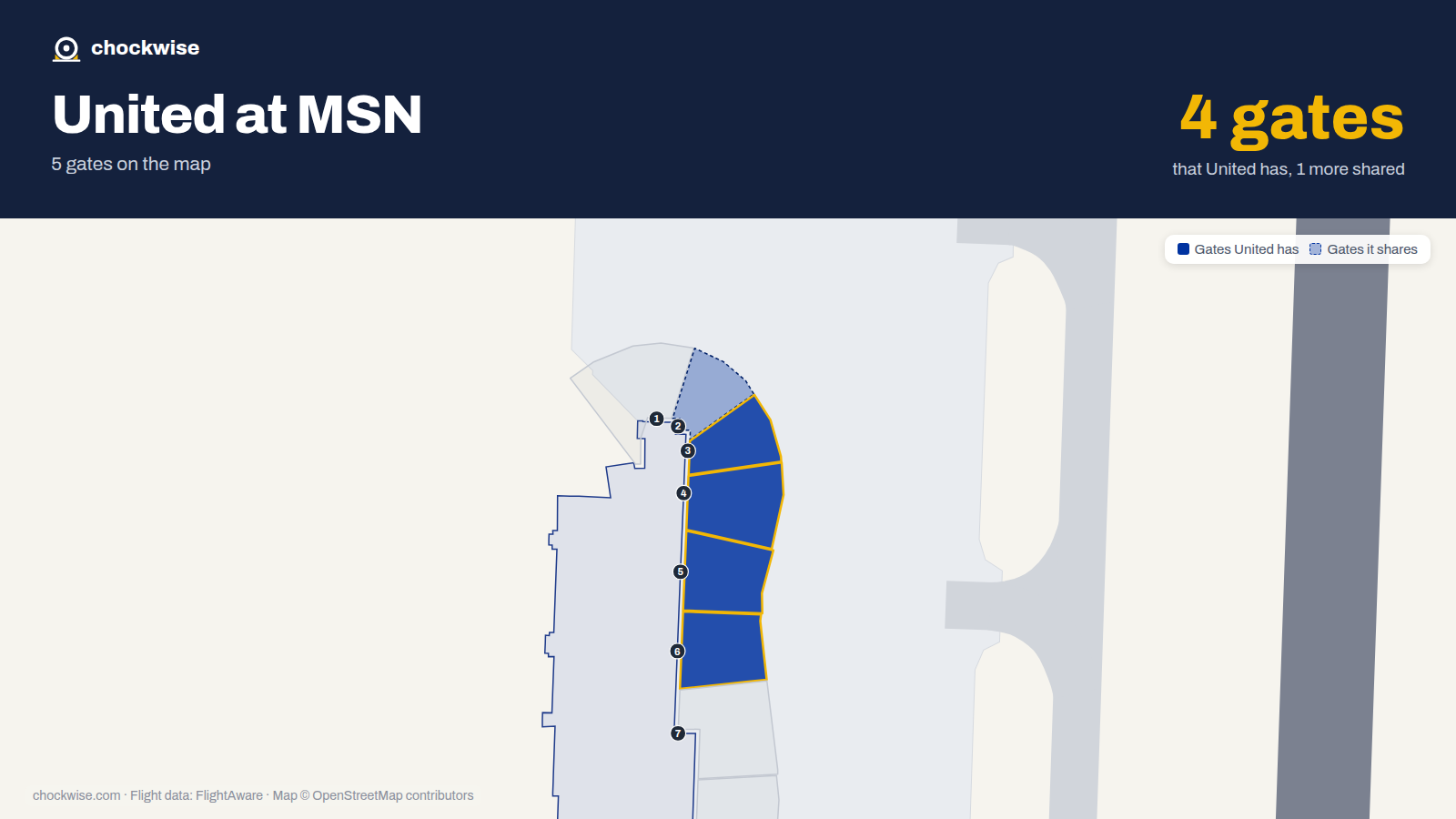 Map of MSN with the gates United Airlines uses highlighted: 3, 4, 5 and 6.
