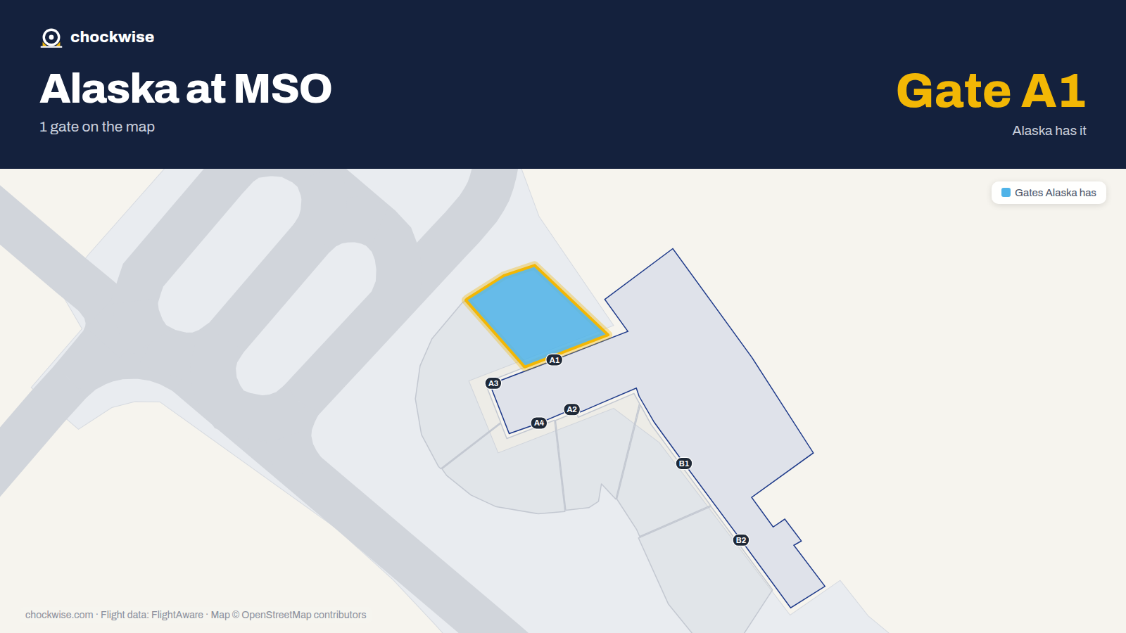 Map of MSO with the gates Alaska Airlines uses highlighted: A1.
