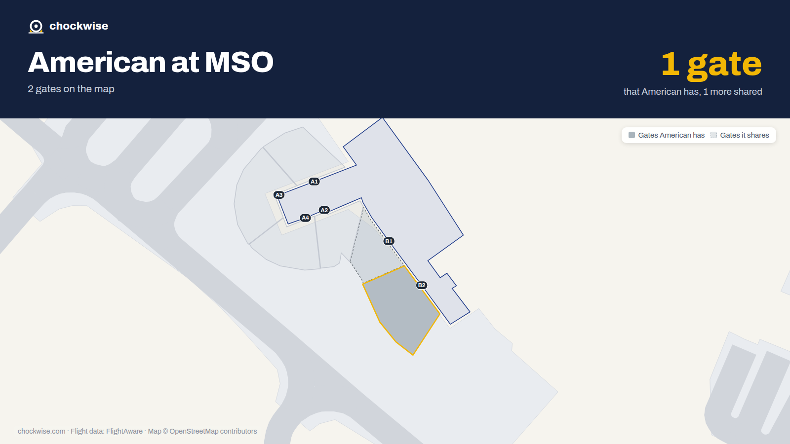 Map of MSO with the gates American Airlines uses highlighted: B2.