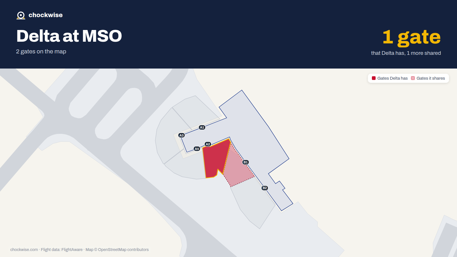 Map of MSO with the gates Delta Air Lines uses highlighted: A2.