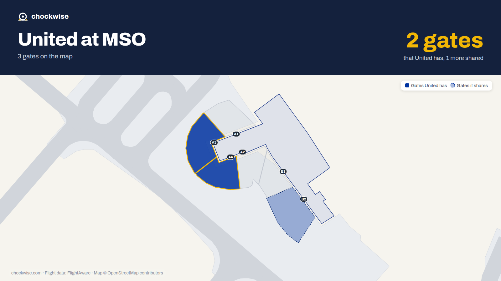 Map of MSO with the gates United Airlines uses highlighted: A3 and A4.