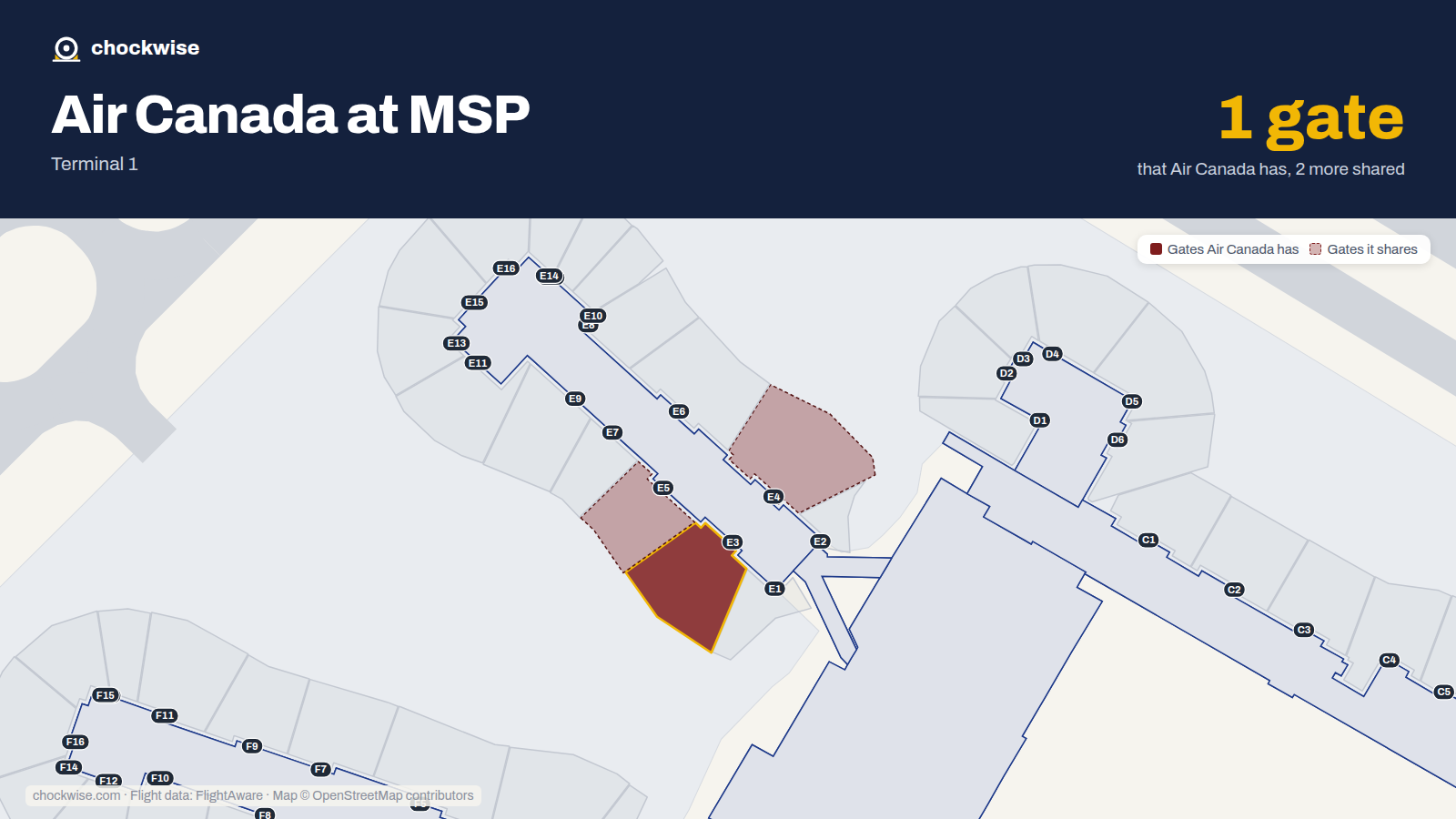 Map of MSP with the gates Air Canada uses highlighted: E3.