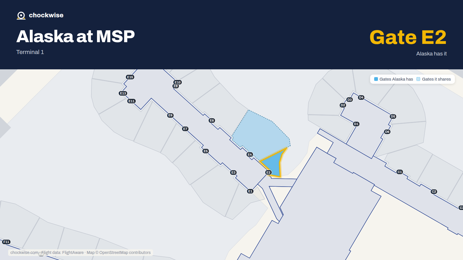 Map of MSP with the gates Alaska Airlines uses highlighted: E2.
