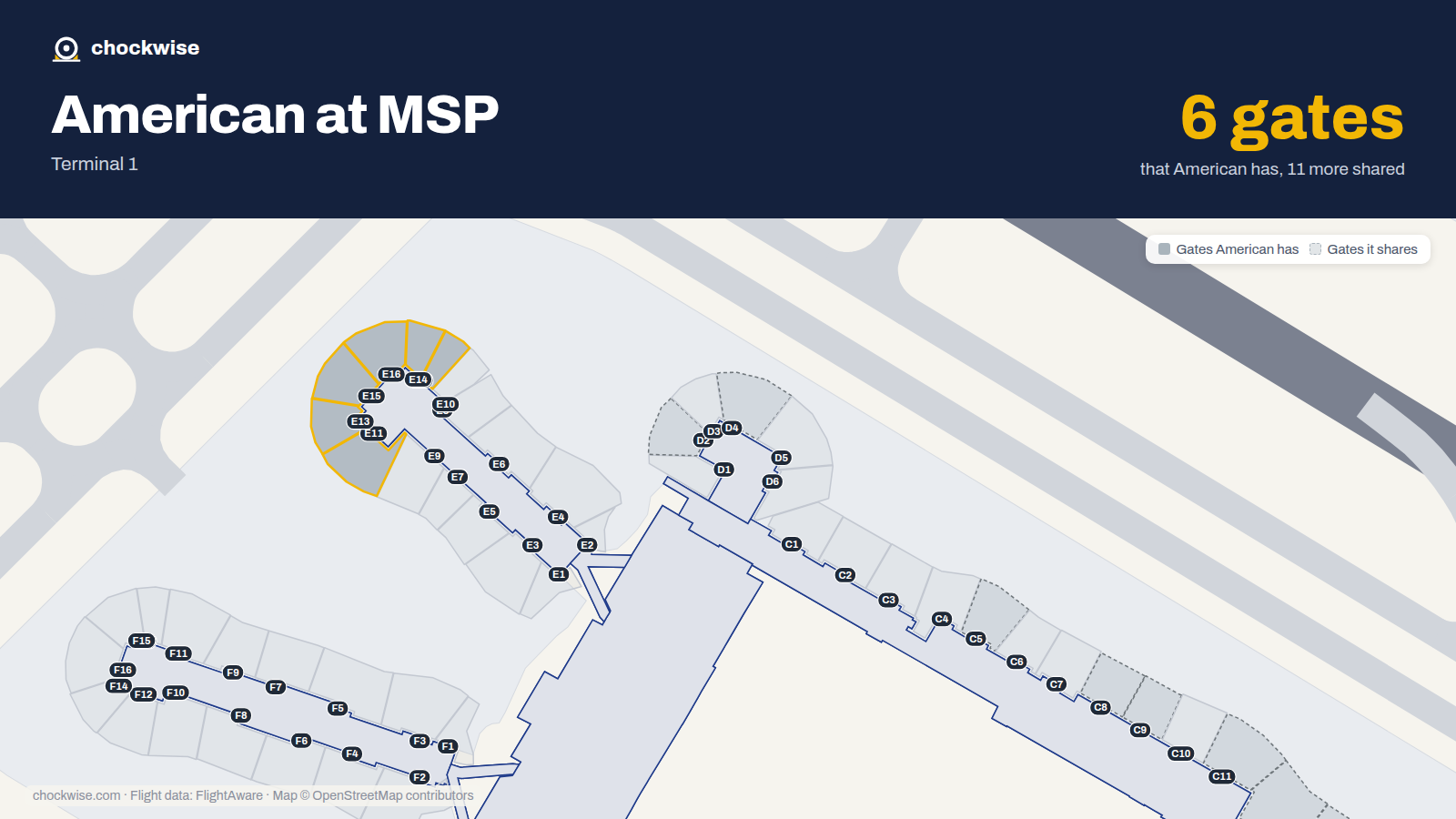 Map of MSP with the gates American Airlines uses highlighted: E11, E12, E13, E14, E15 and E16.