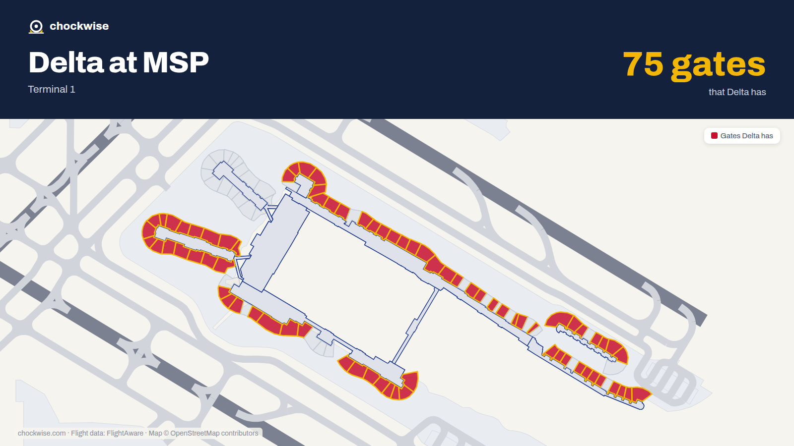 Map of MSP with the gates Delta Air Lines uses highlighted: C1, F1, A2, B2, C2, D2, F2, G2 and 66 more.