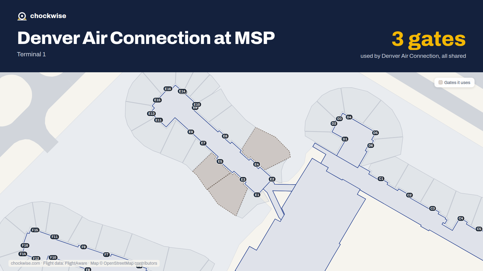 Map of MSP with the gates Denver Air Connection uses highlighted: E3, E4 and E5.