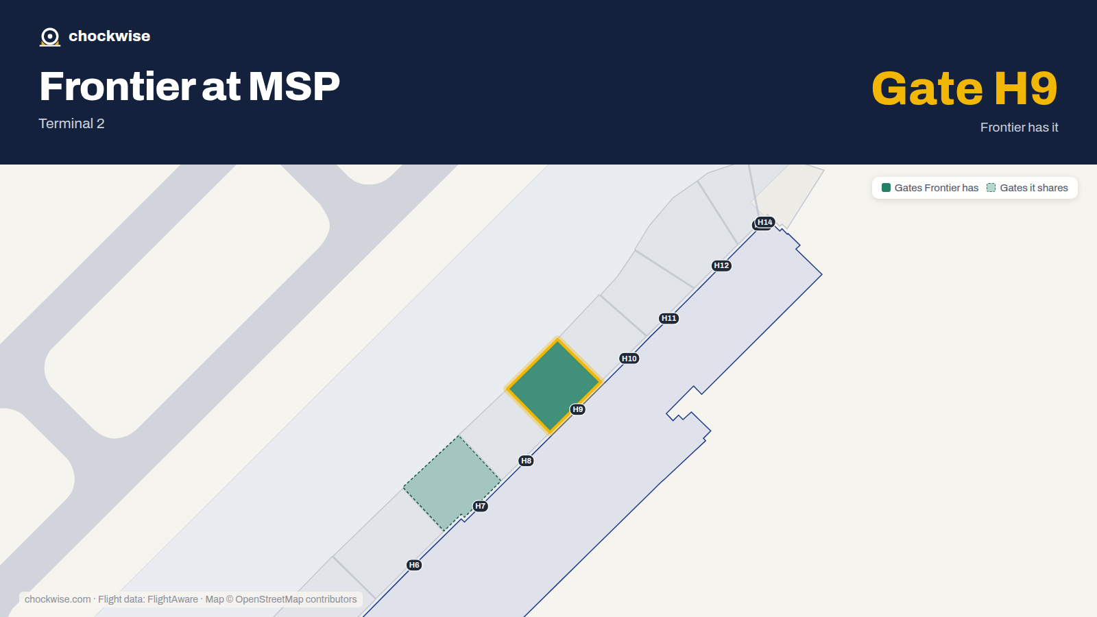 Map of MSP with the gates Frontier Airlines uses highlighted: H9.