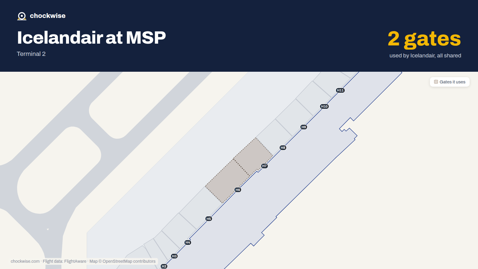 Map of MSP with the gates Icelandair uses highlighted: H6 and H7.