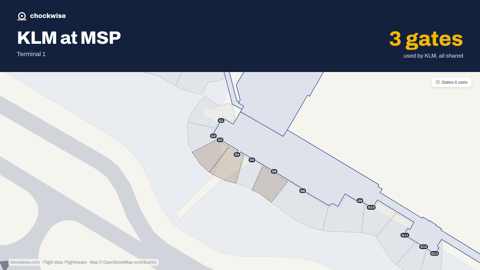 Map of MSP with the gates KLM uses highlighted: G3, G4 and G6.
