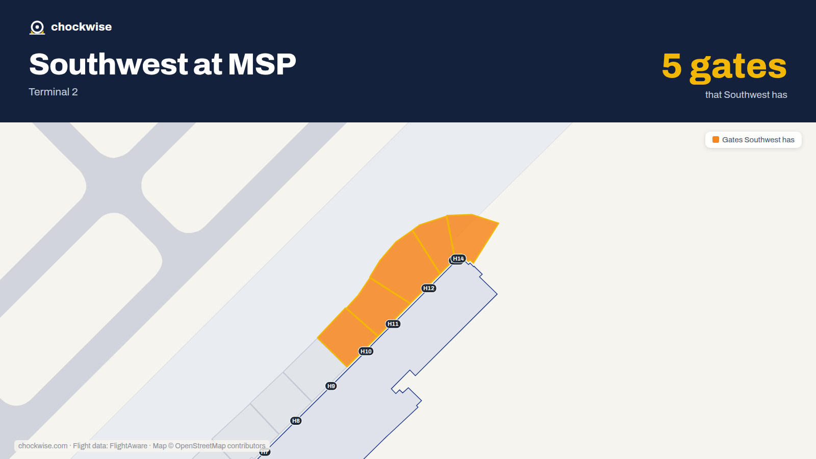 Map of MSP with the gates Southwest Airlines uses highlighted: H10, H11, H12, H13 and H14.