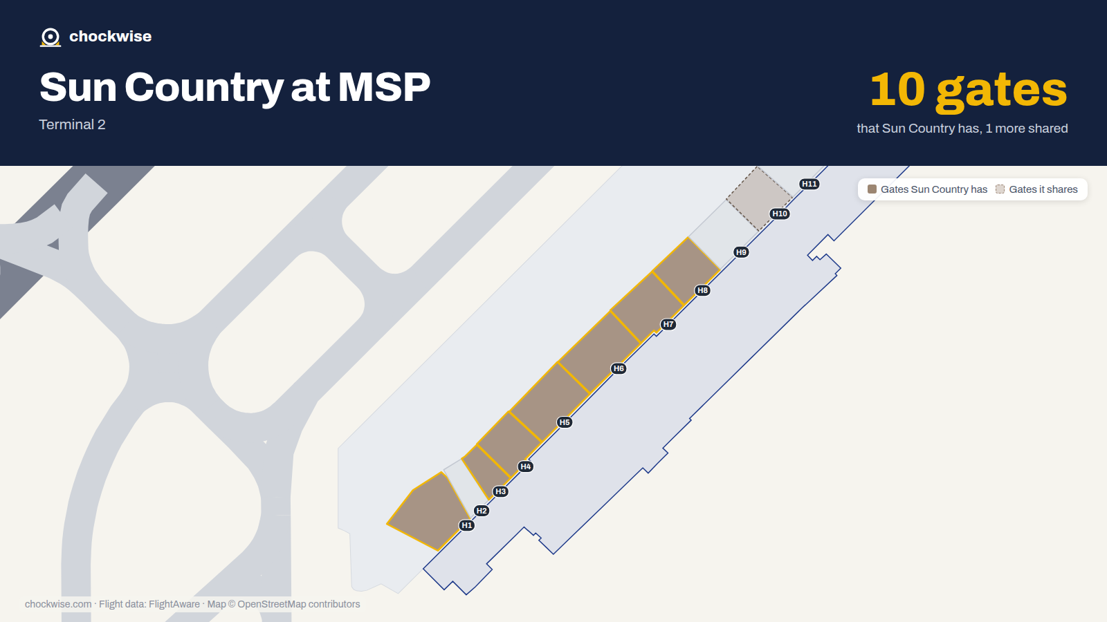 Map of MSP with the gates Sun Country Airlines uses highlighted: H1, H3, H4, H5, H6, H7 and H8.