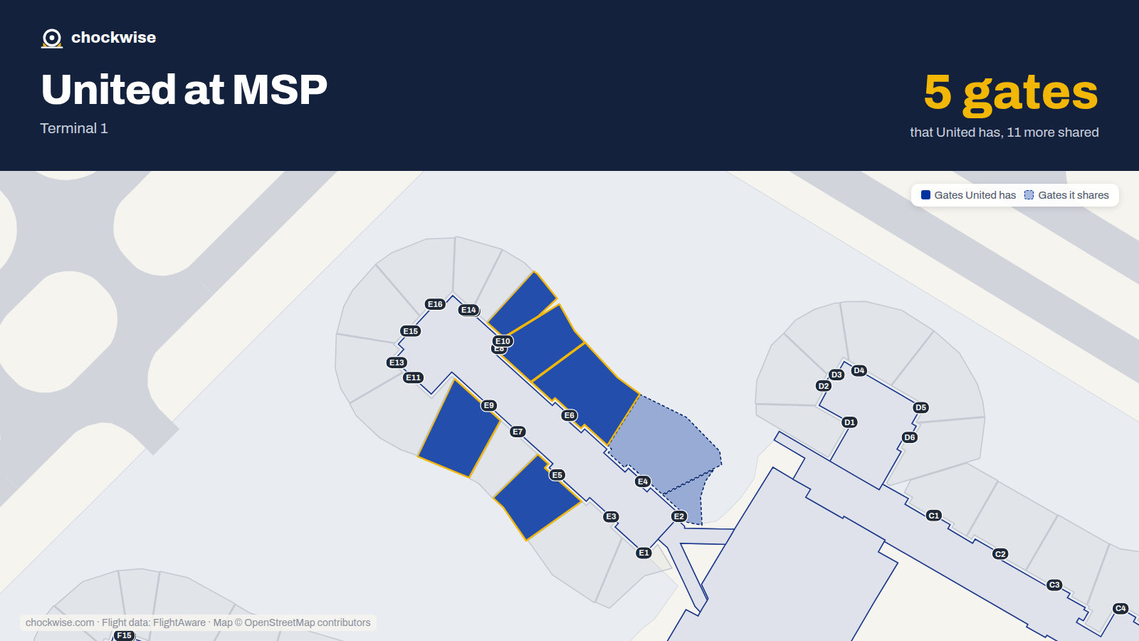 Map of MSP with the gates United Airlines uses highlighted: E5, E6, E8, E9 and E10.