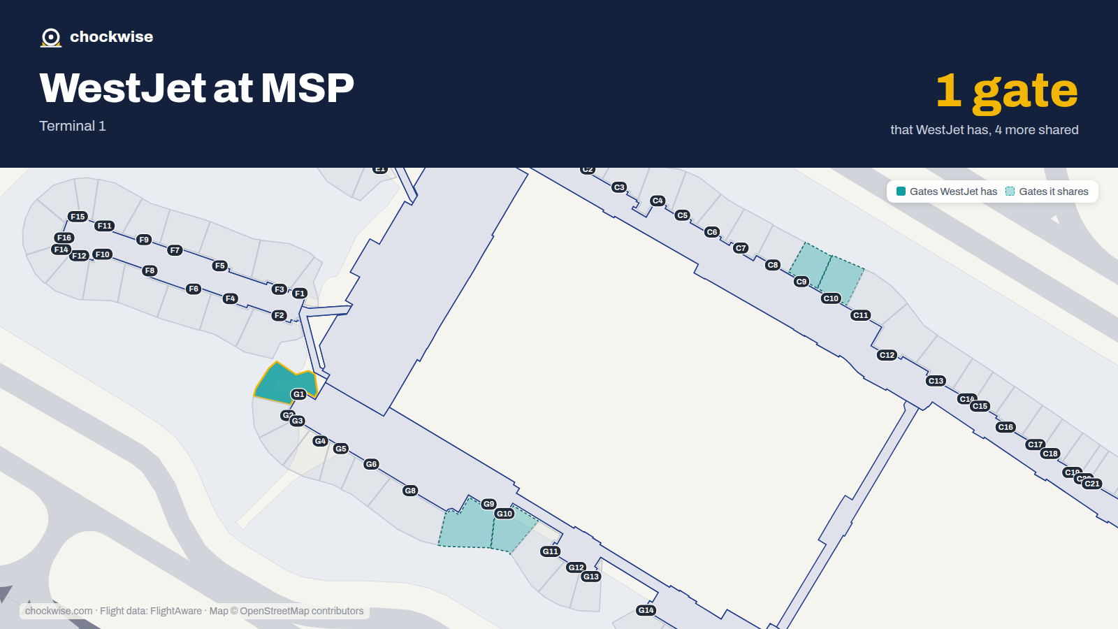 Map of MSP with the gates WestJet uses highlighted: G1.