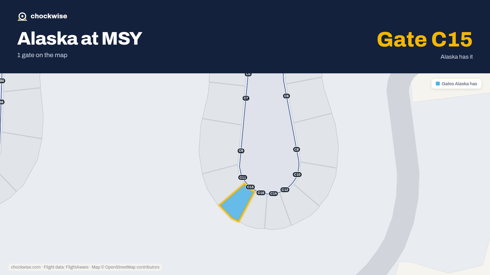 Map of MSY with the gates Alaska Airlines uses highlighted: C15.