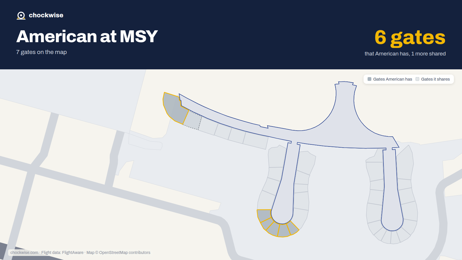 Map of MSY with the gates American Airlines uses highlighted: A6, B11, B12, B14, B15 and B16.