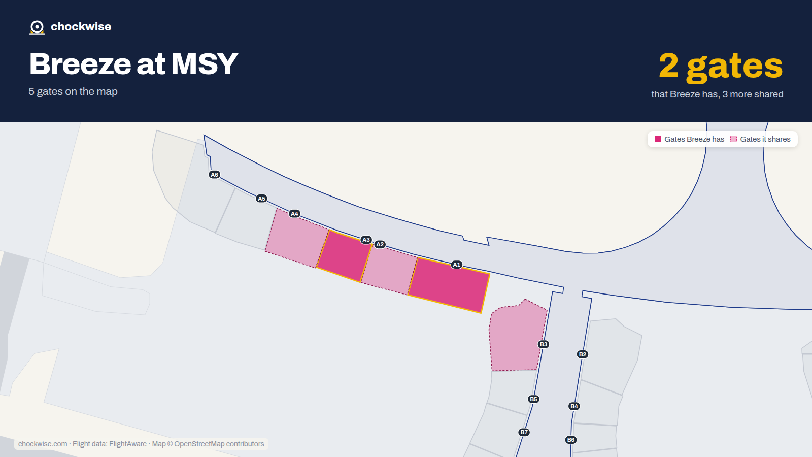 Map of MSY with the gates Breeze Airways uses highlighted: A1 and A3.