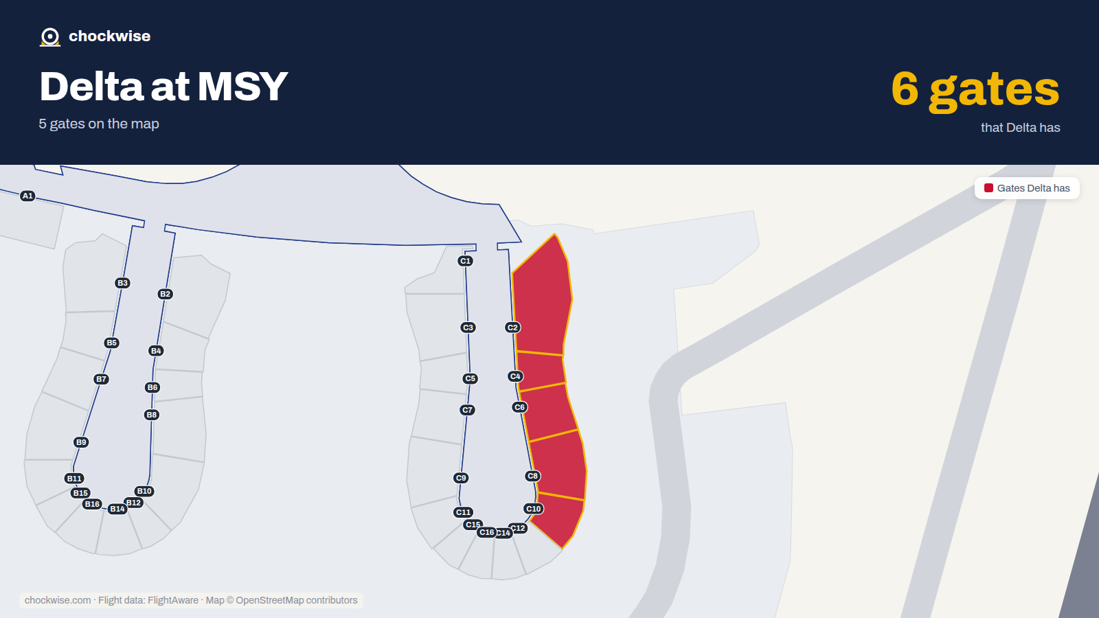 Map of MSY with the gates Delta Air Lines uses highlighted: C2, C4, C6, C8 and C10.
