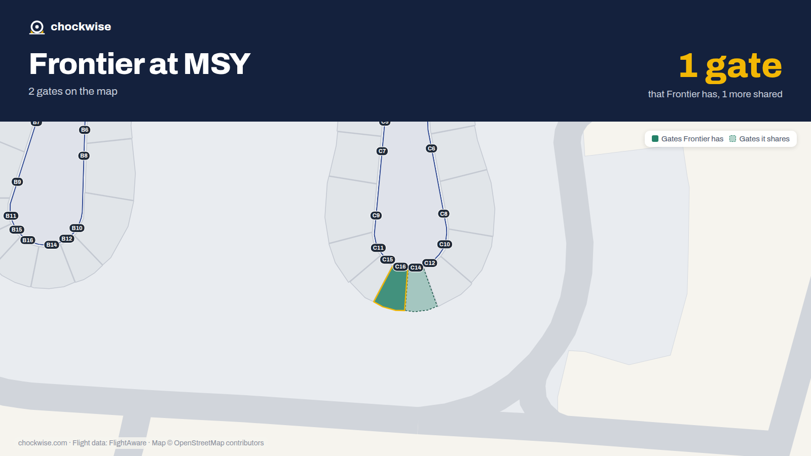Map of MSY with the gates Frontier Airlines uses highlighted: C16.