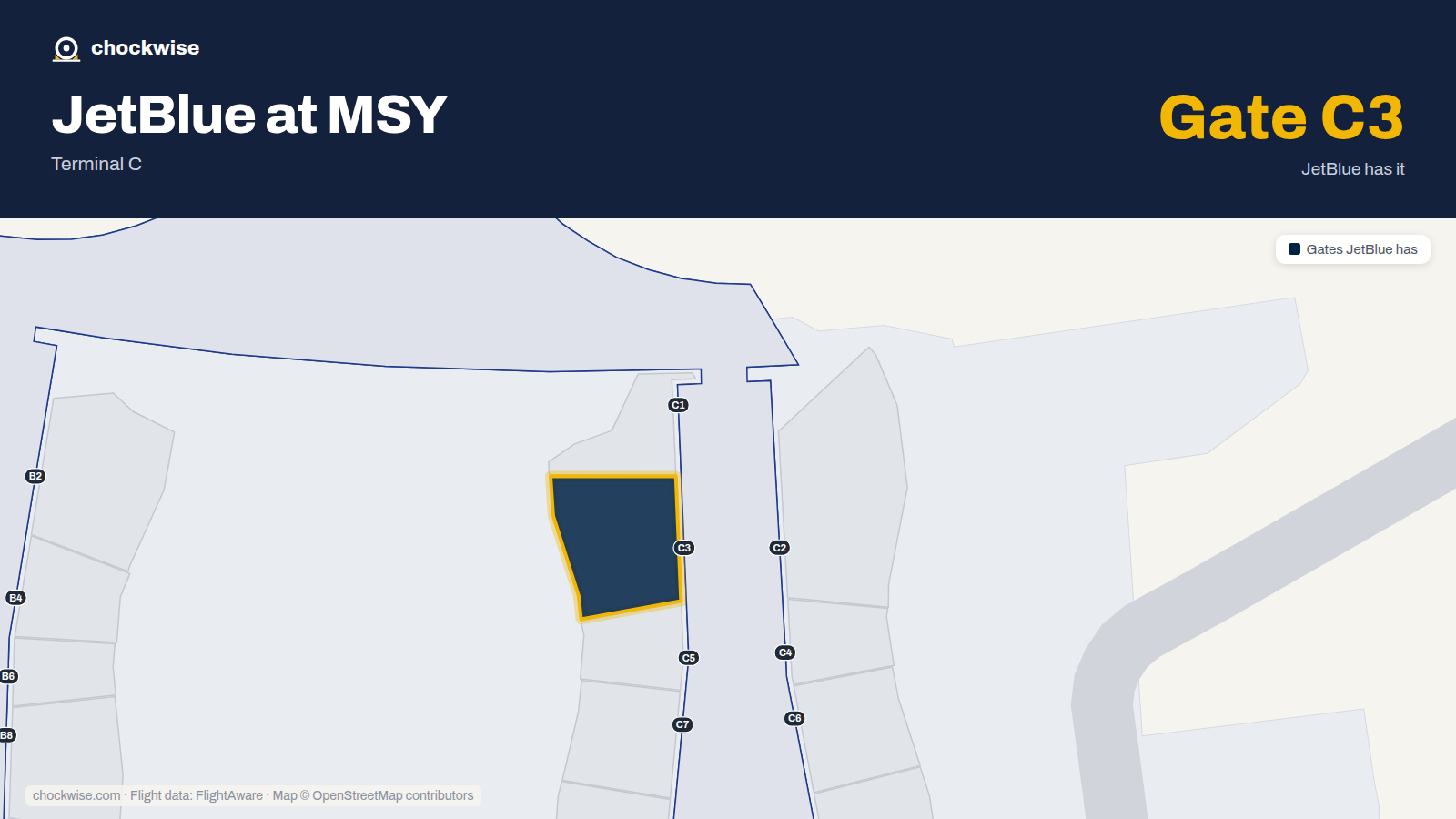Map of MSY with the gates JetBlue uses highlighted: C3.
