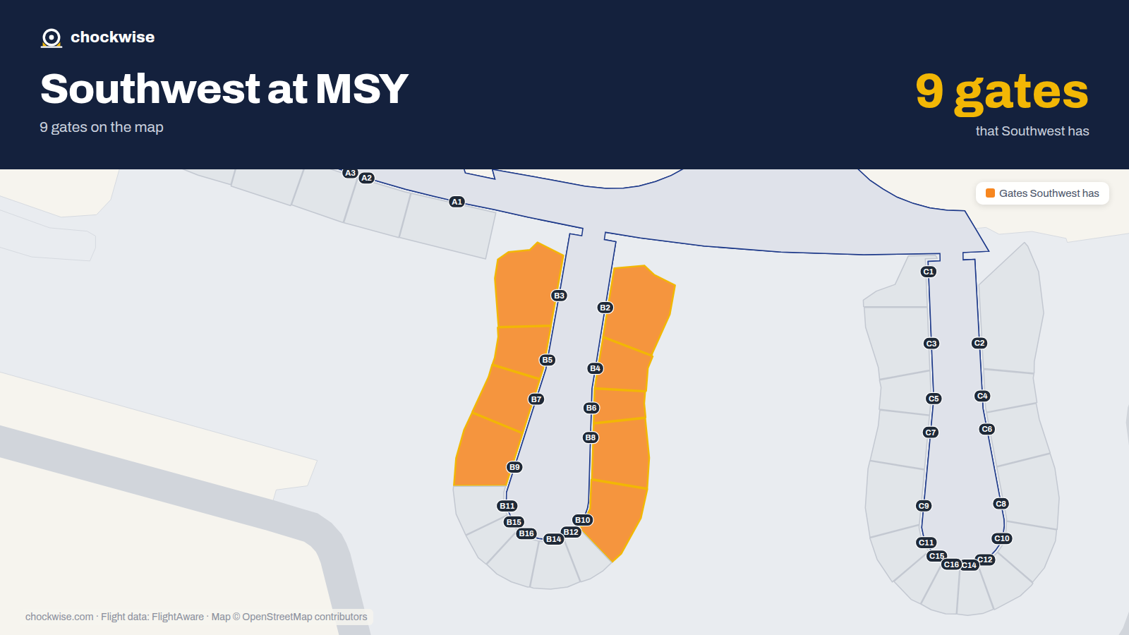 Map of MSY with the gates Southwest Airlines uses highlighted: B2, B3, B4, B5, B6, B7, B8, B9 and 1 more.