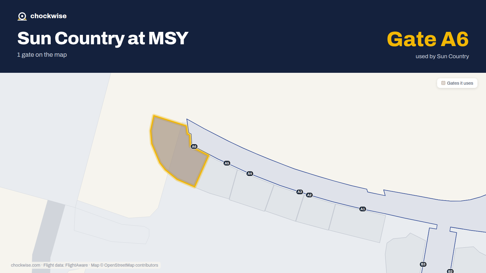 Map of MSY with the gates Sun Country Airlines uses highlighted: A6.