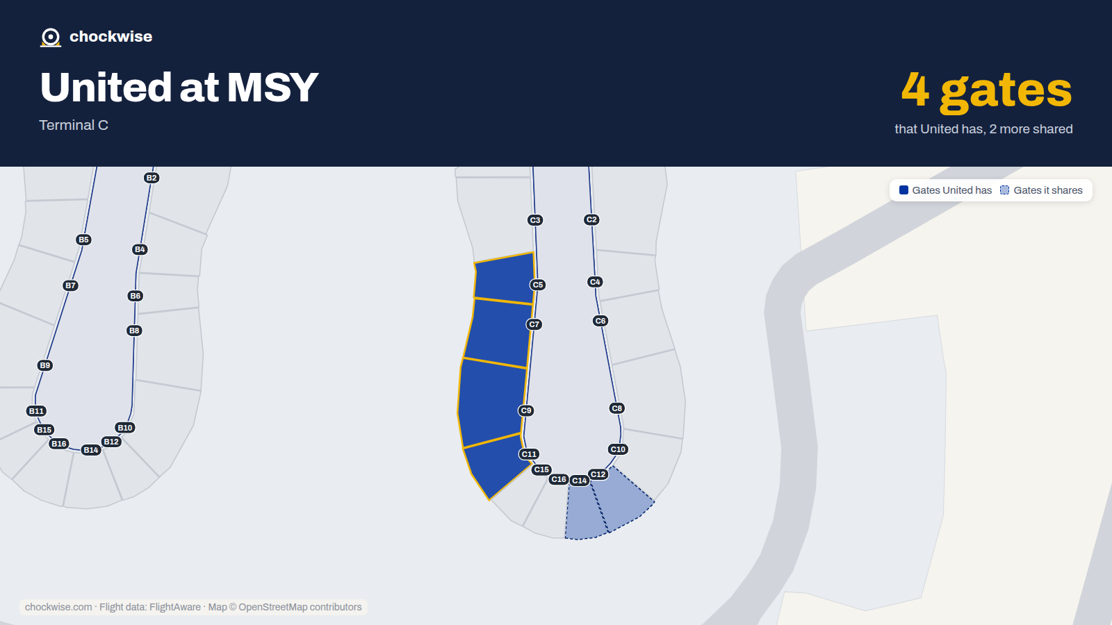 Map of MSY with the gates United Airlines uses highlighted: C5, C7, C9 and C11.