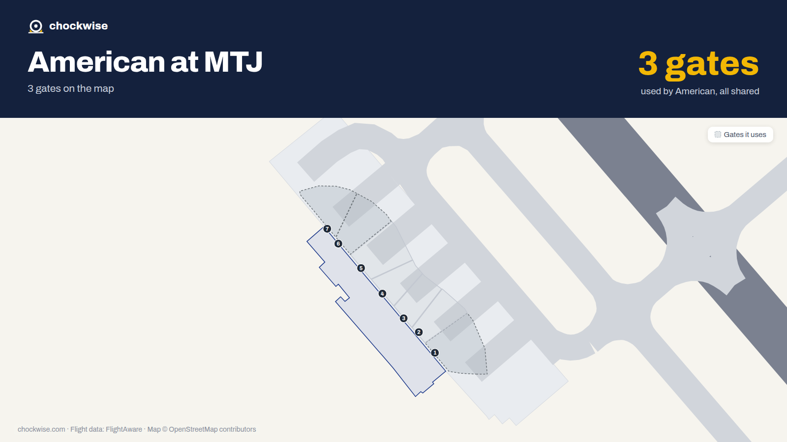 Map of MTJ with the gates American Airlines uses highlighted: 1, 6 and 7.