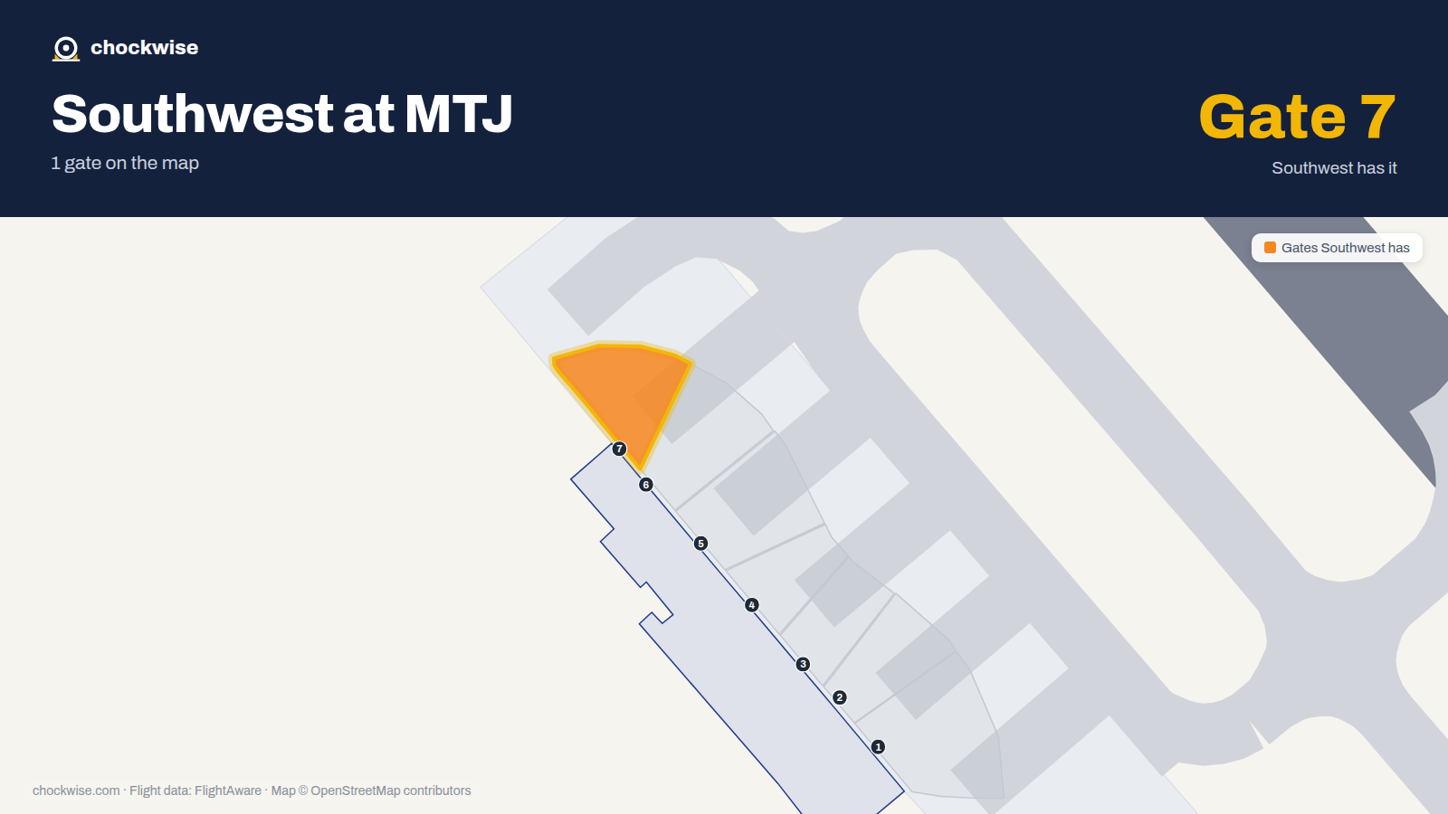 Map of MTJ with the gates Southwest Airlines uses highlighted: 7.