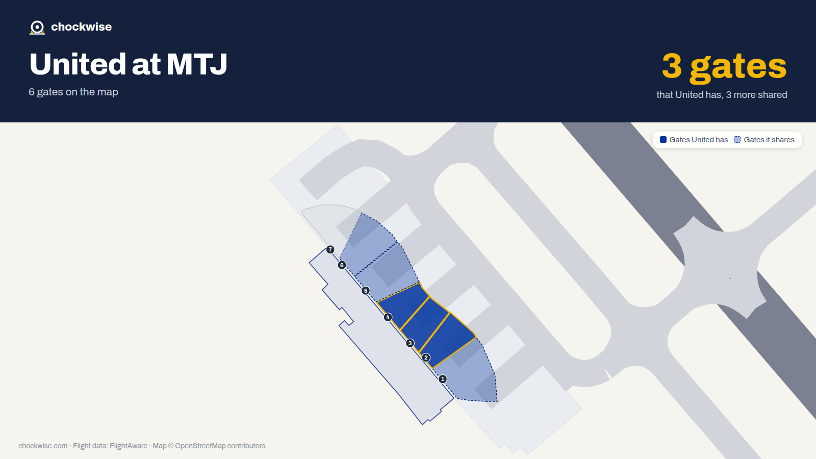 Map of MTJ with the gates United Airlines uses highlighted: 2, 3 and 4.