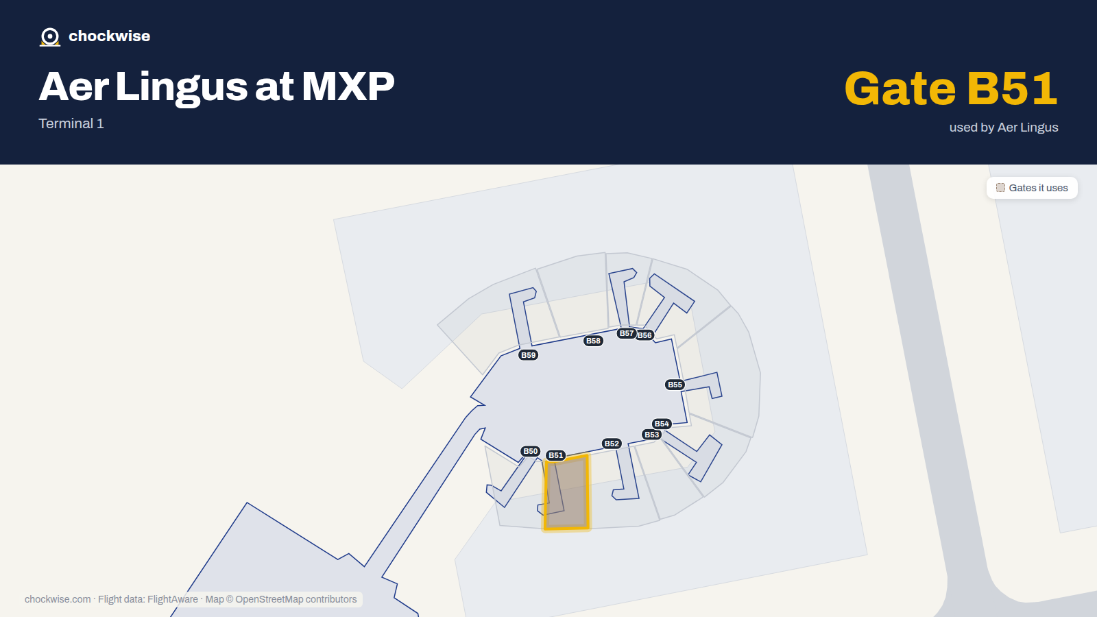 Map of MXP with the gates Aer Lingus uses highlighted: B51.