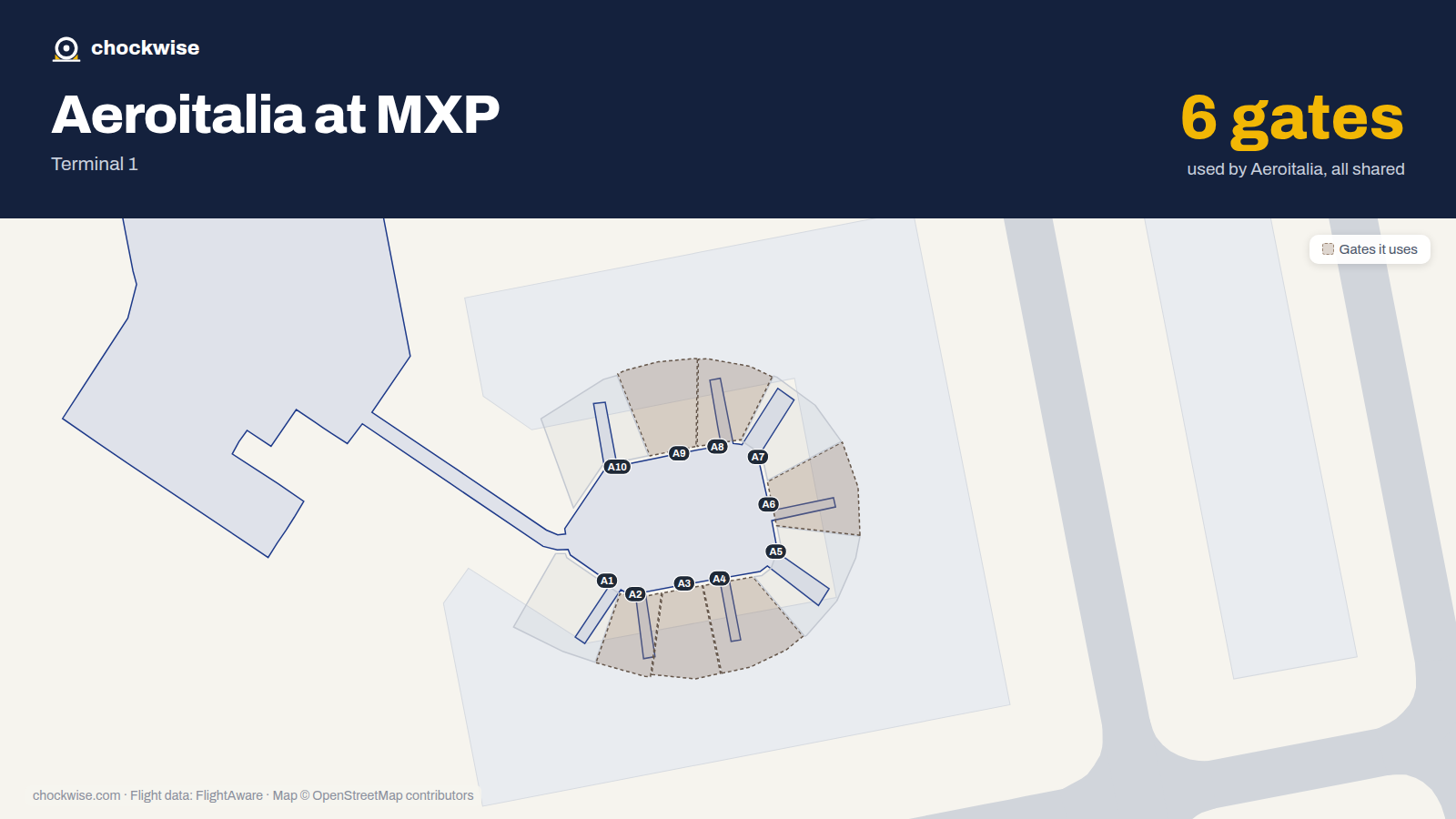 Map of MXP with the gates Aeroitalia uses highlighted: A2, A3, A4, A6, A8 and A9.