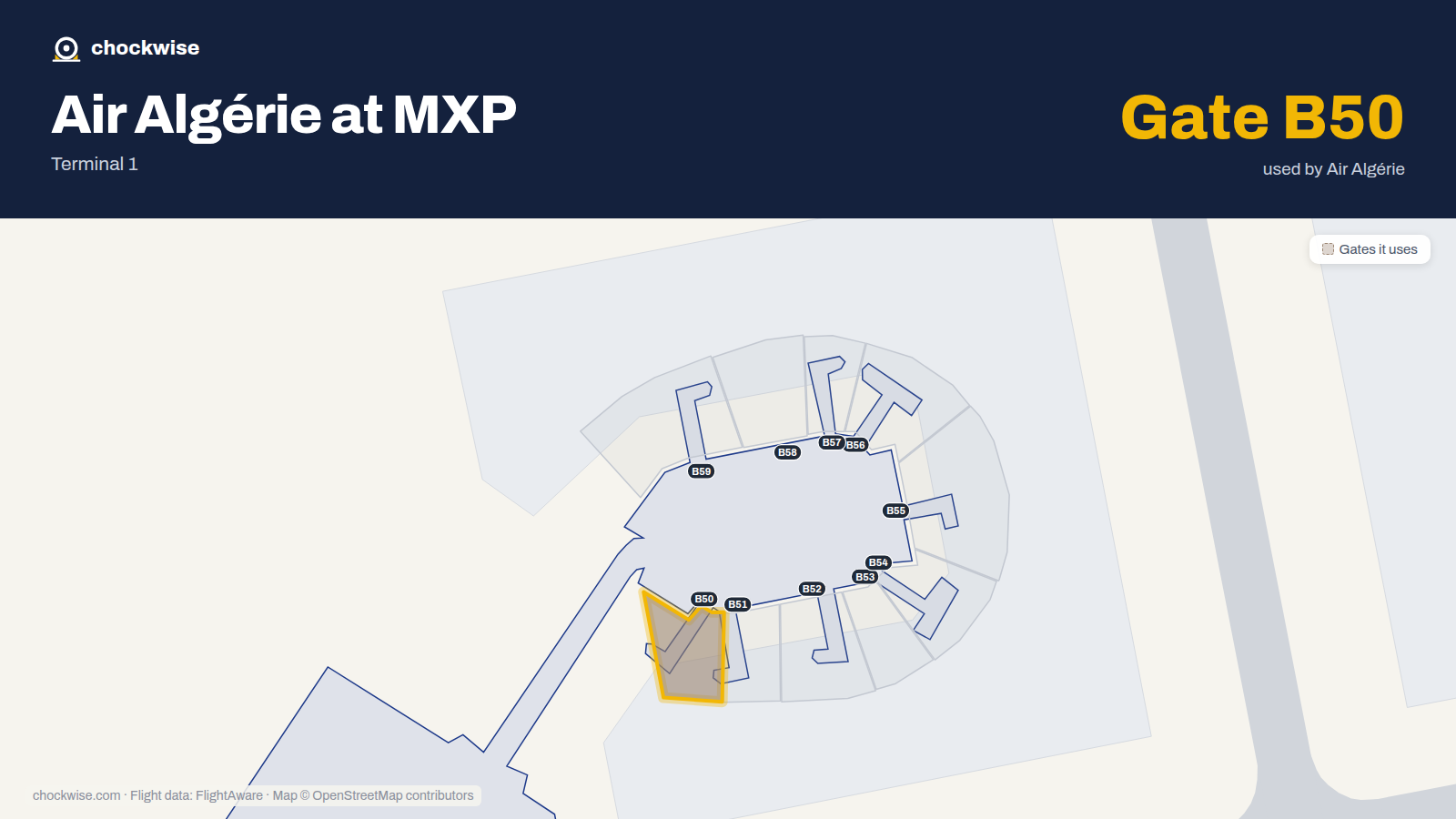 Map of MXP with the gates Air Algérie uses highlighted: B50.