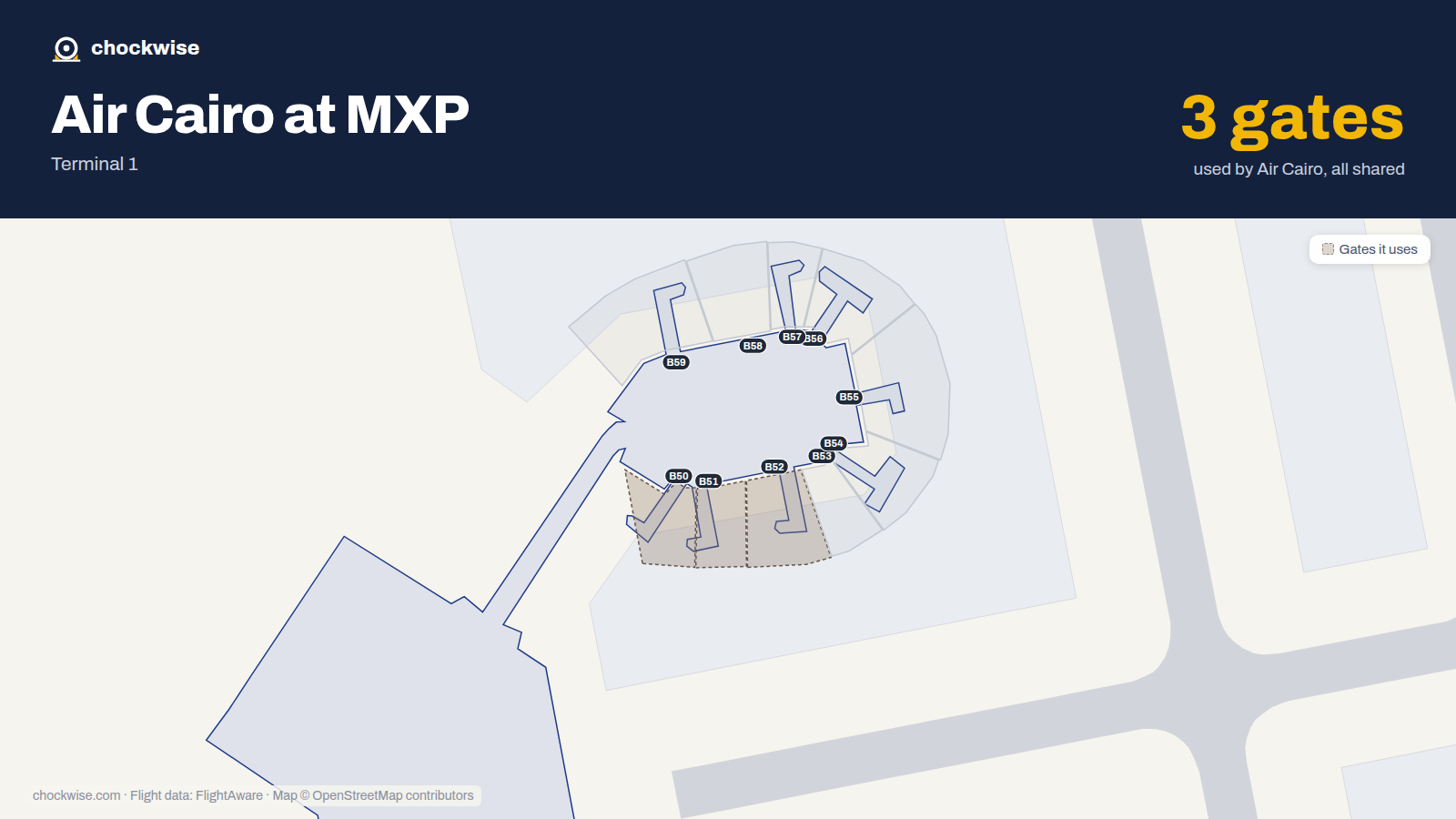 Map of MXP with the gates Air Cairo uses highlighted: B50, B51 and B52.