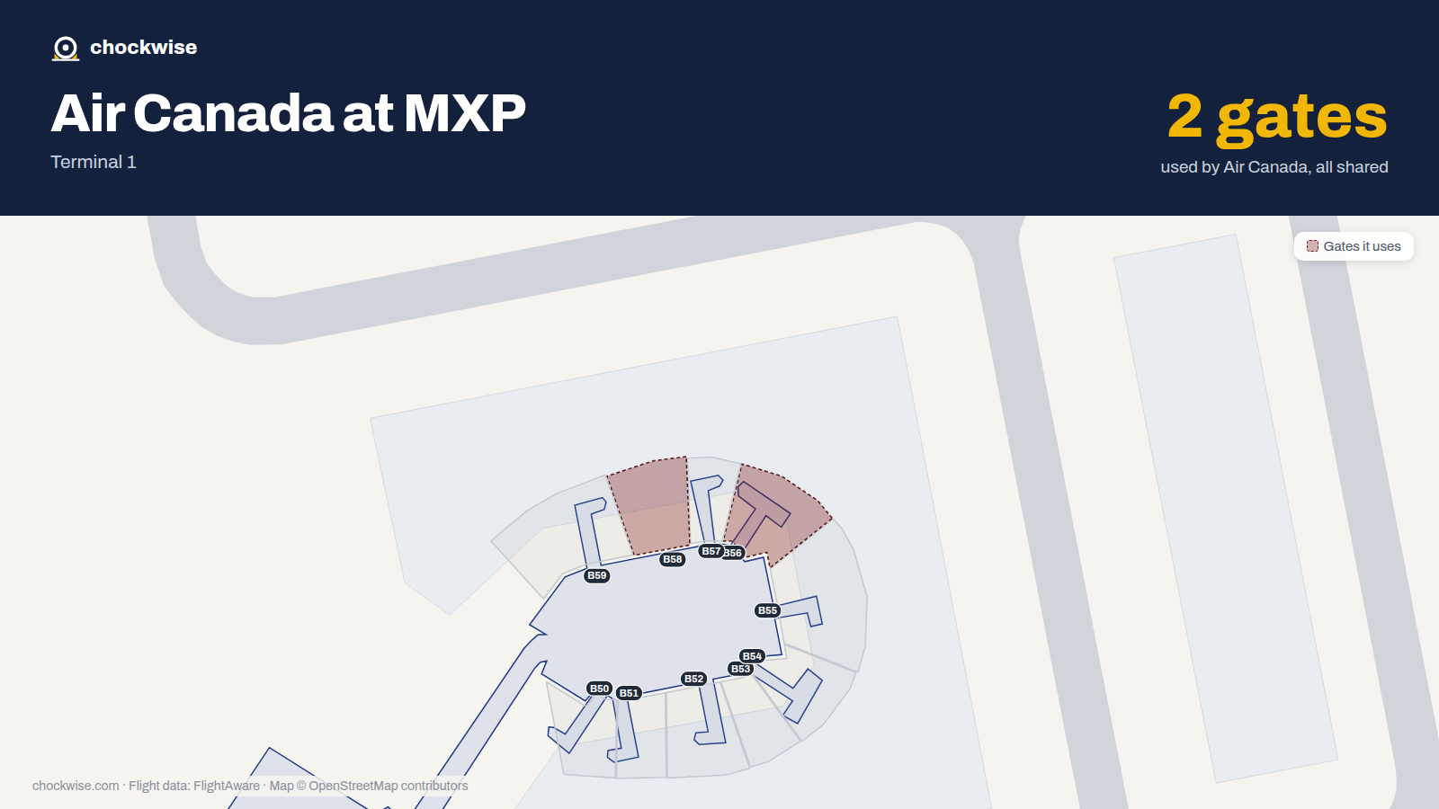 Map of MXP with the gates Air Canada uses highlighted: B56 and B58.